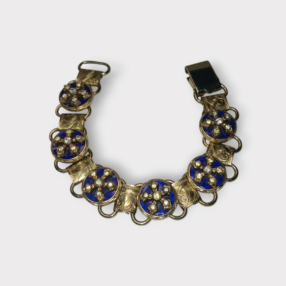 Vintage Silver Tone Bracelet Blue Enamel & Sky Blue-Green Rhinestones Elegant - Picture 3 of 12